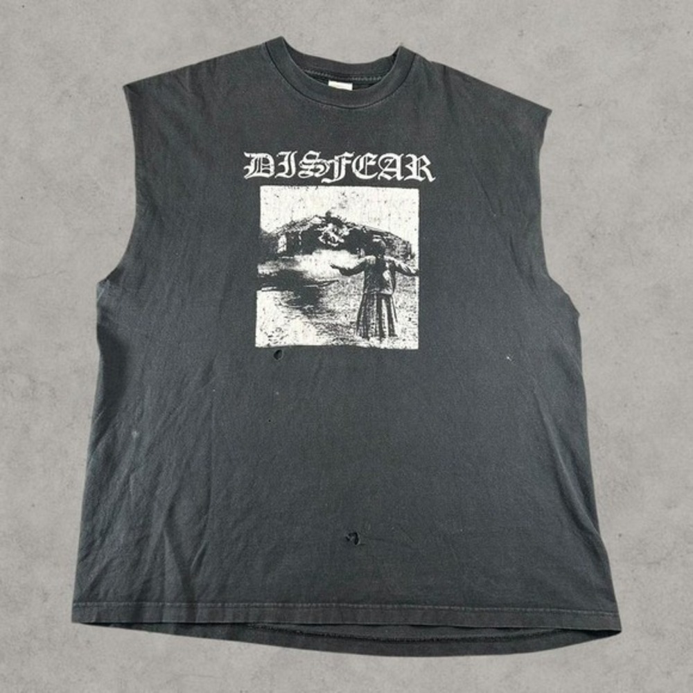 Vintage Disfear Shirr Men XXL Black Y2K 90s Crust Metal Band Sleeveless Thrashed